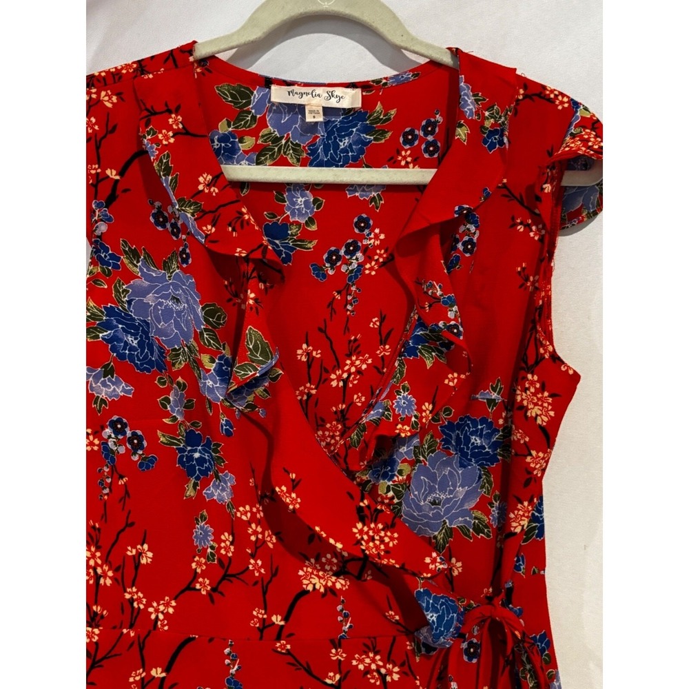 Magnolia Skye Red Floral Ruffle Wrap Dress High Low V-Neck Sz S boho cottagecore - Picture 4 of 10